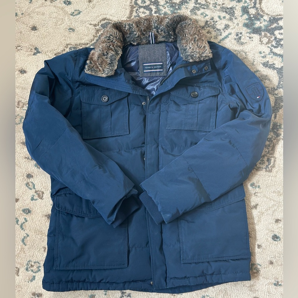 Tommy Hilfiger Blue Military Field Coat with Faux Fur Trim